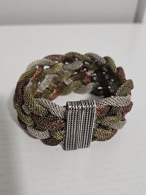 Vintage SILVER COPPER GOLD TONE MESH WOVEN WIDE BRACELET MAGNET CLASP